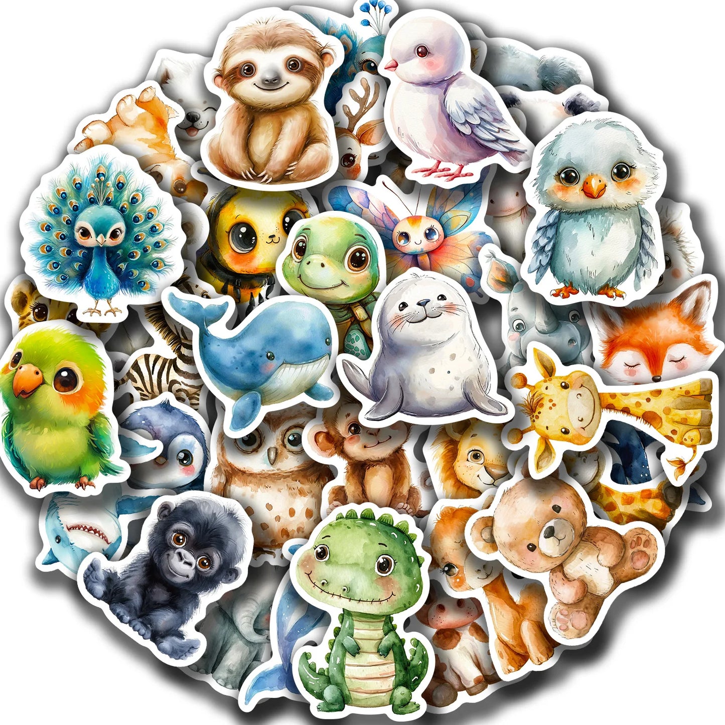 🐾✨ 50-pack Djurungar Deluxe – Kawaii Akvarellstickers i Vattentålig Vinyl