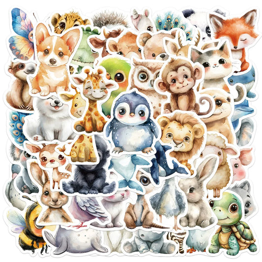 🐾✨ 50-pack Djurungar Deluxe – Kawaii Akvarellstickers i Vattentålig Vinyl