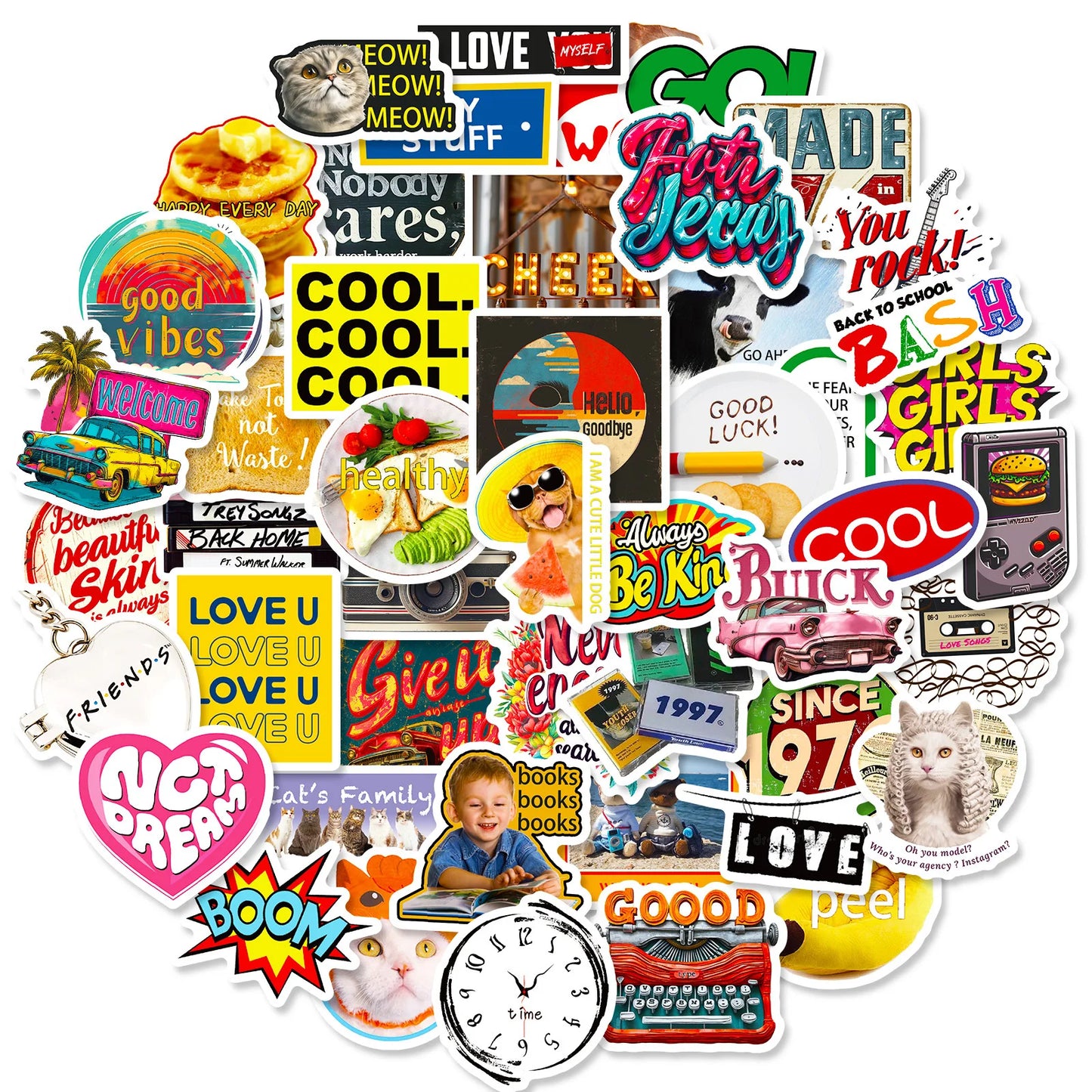 🎉 50-pack Retro Pop & Good Vibes – Vattentåliga Quote-Stickers i Vinyl