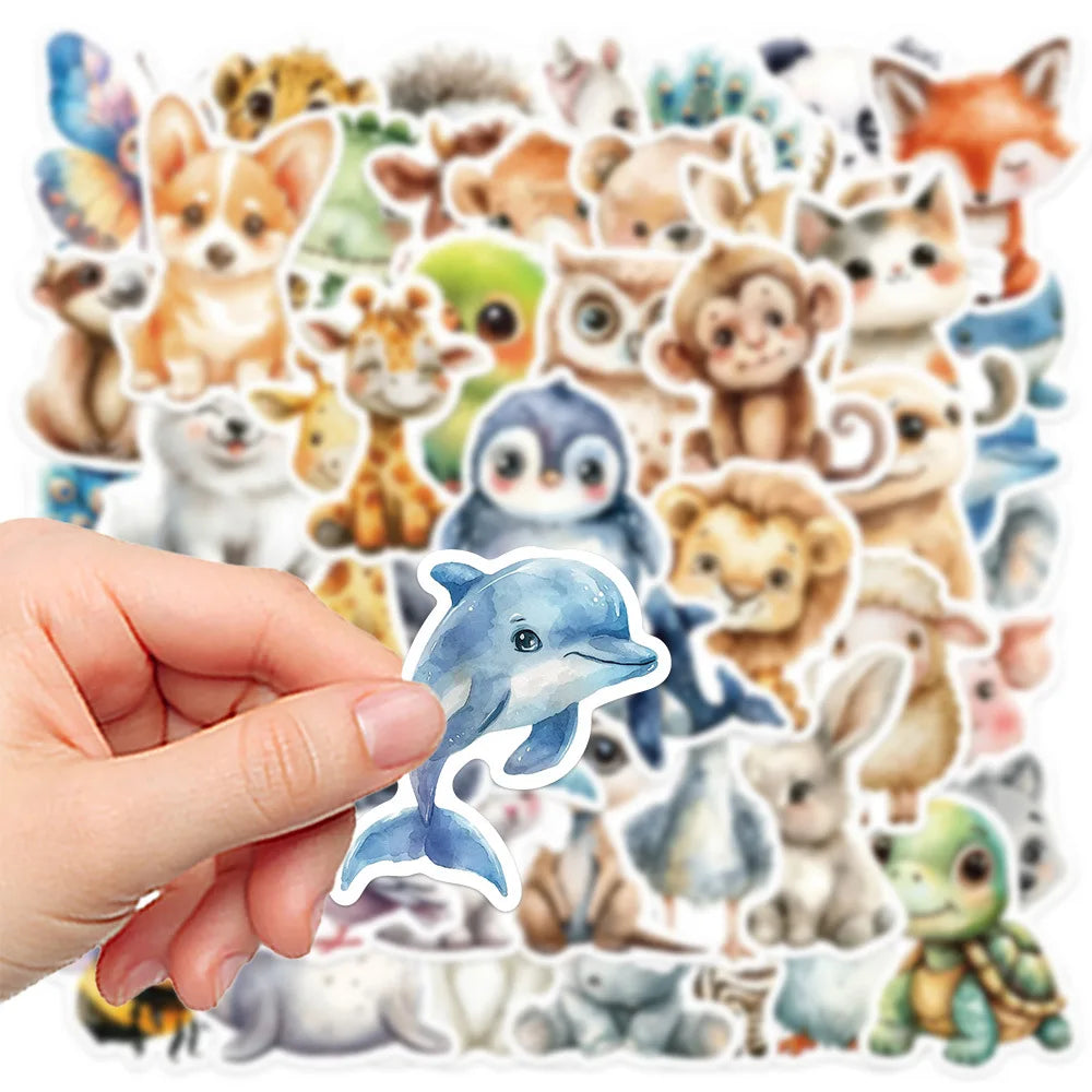 🐾✨ 50-pack Djurungar Deluxe – Kawaii Akvarellstickers i Vattentålig Vinyl