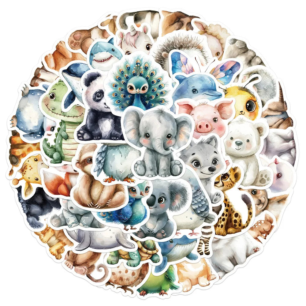 🐾✨ 50-pack Djurungar Deluxe – Kawaii Akvarellstickers i Vattentålig Vinyl