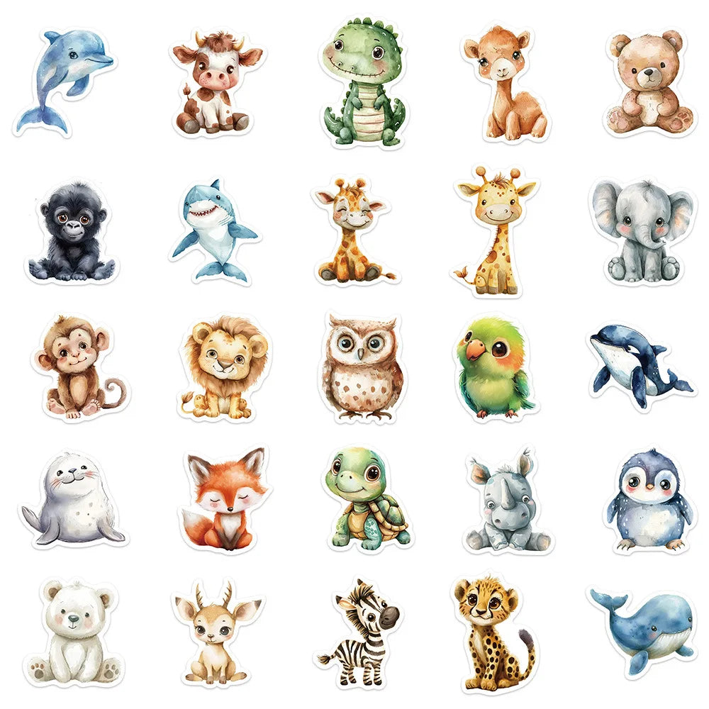 🐾✨ 50-pack Djurungar Deluxe – Kawaii Akvarellstickers i Vattentålig Vinyl