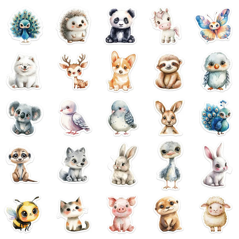 🐾✨ 50-pack Djurungar Deluxe – Kawaii Akvarellstickers i Vattentålig Vinyl