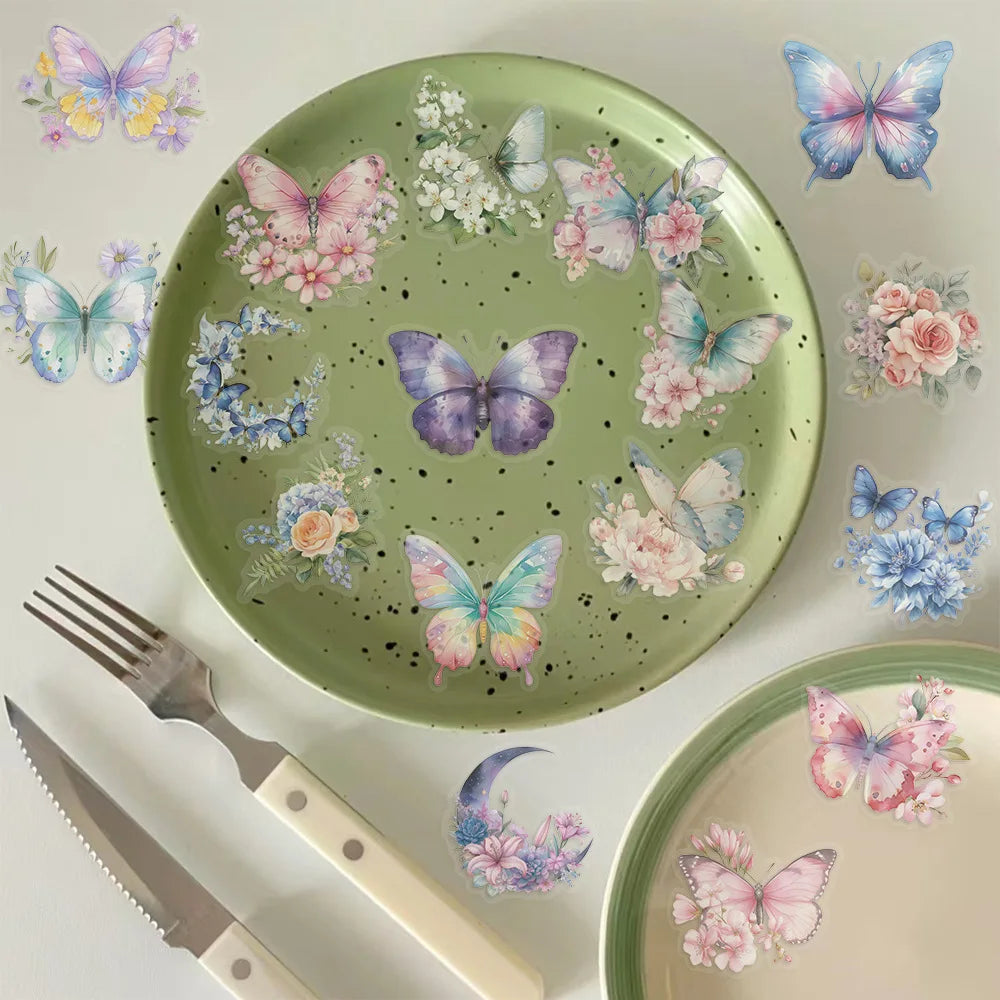 🦋🌸 50-pack Transparenta Fjärilar – Akvarellblommor som smälter in överallt