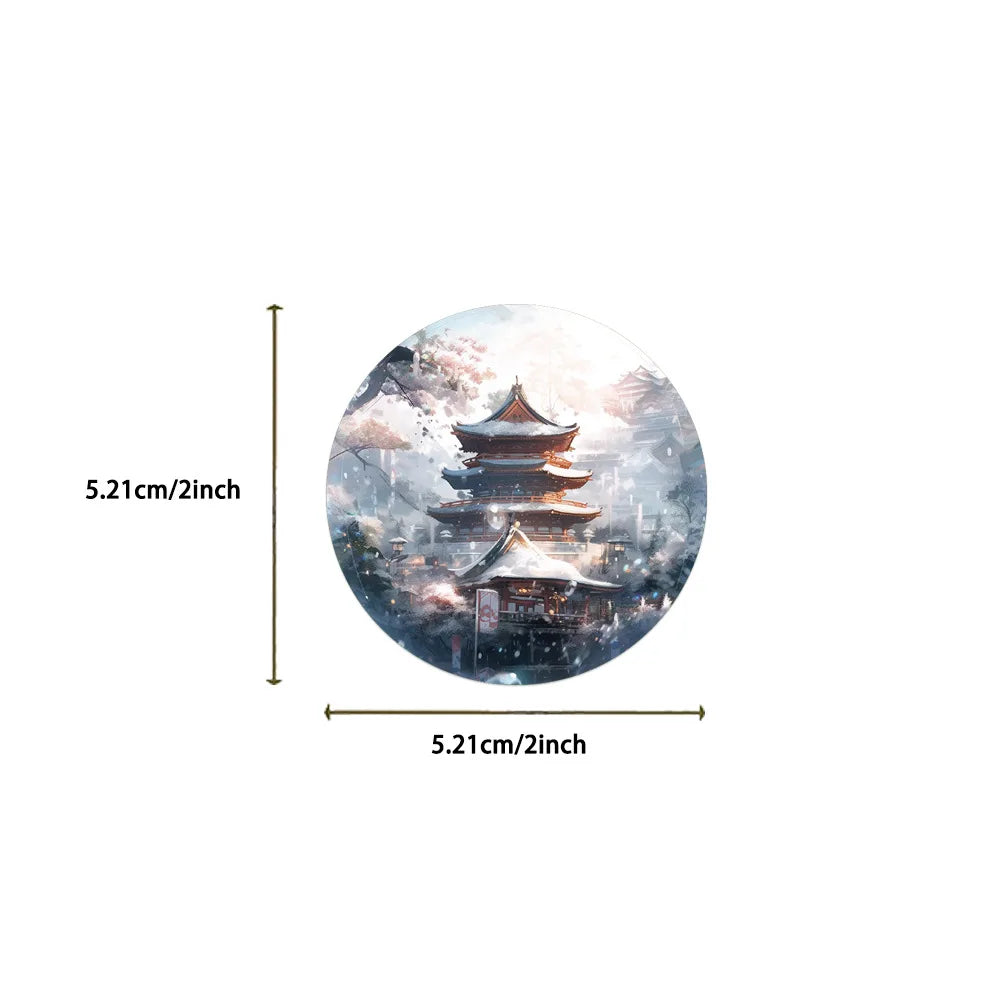 🌸✨ 50-pack Drömska Rundade Motiv – Vattentåliga Vinylklistermärken med Magiska Landskap & Djur ✨🌸