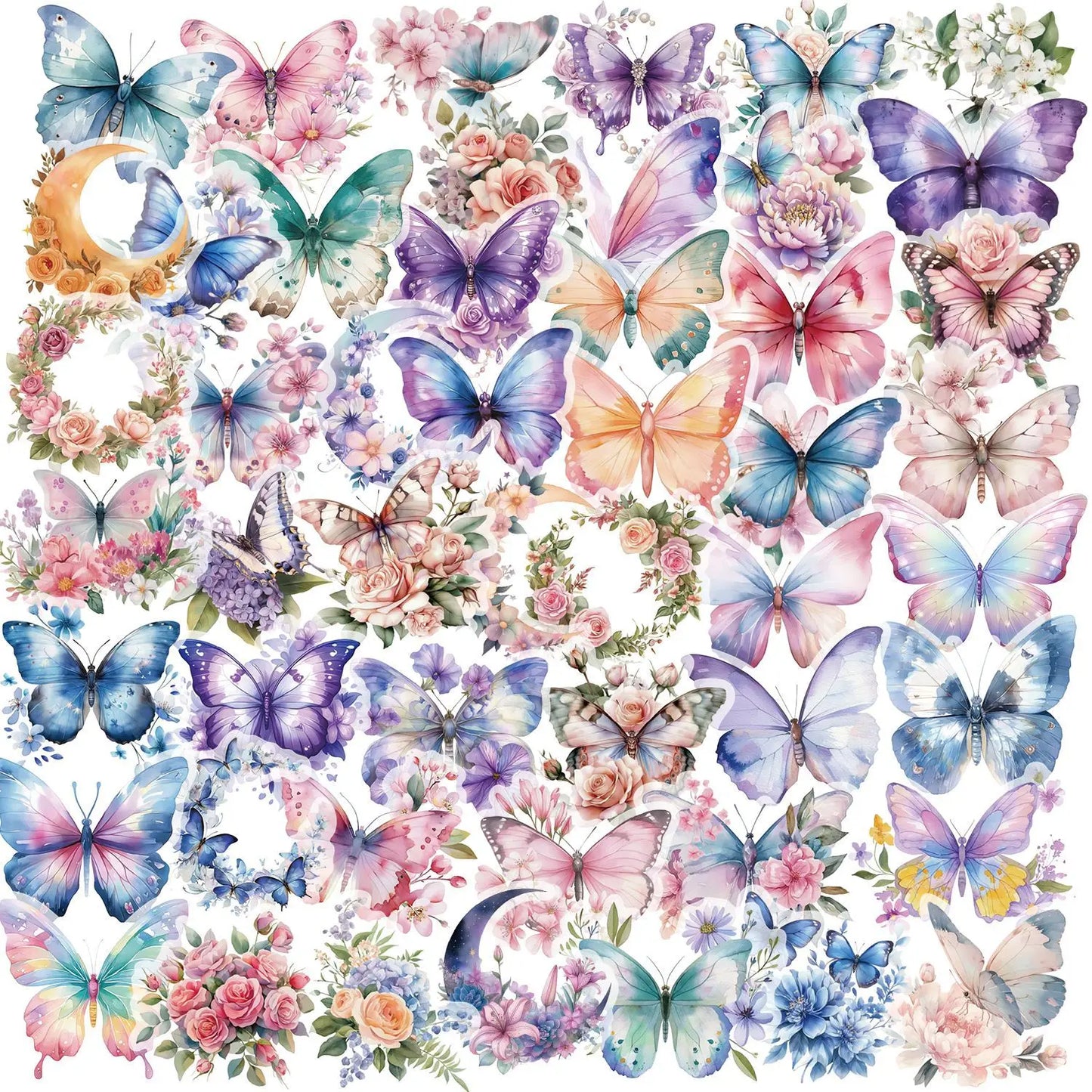 🦋🌸 50-pack Transparenta Fjärilar – Akvarellblommor som smälter in överallt