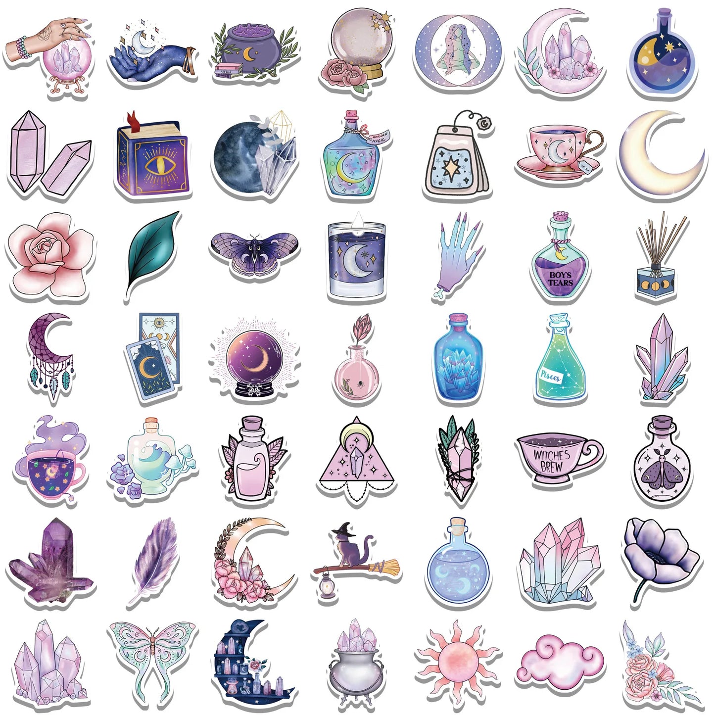 🌙🔮 100-pack Pastellmagi – Kristaller, Månar & Potioner i Vattentålig Vinyl