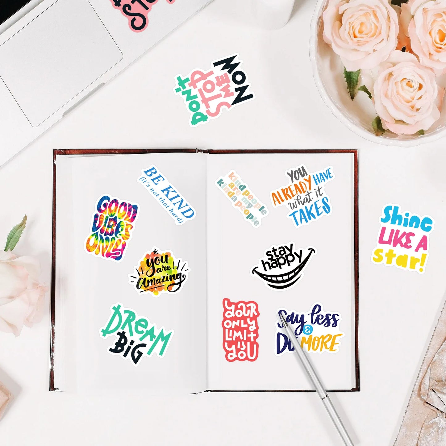🌈 50-pack Pepp & Positivitet – Motiverande Quote-Stickers i Vattentålig Vinyl