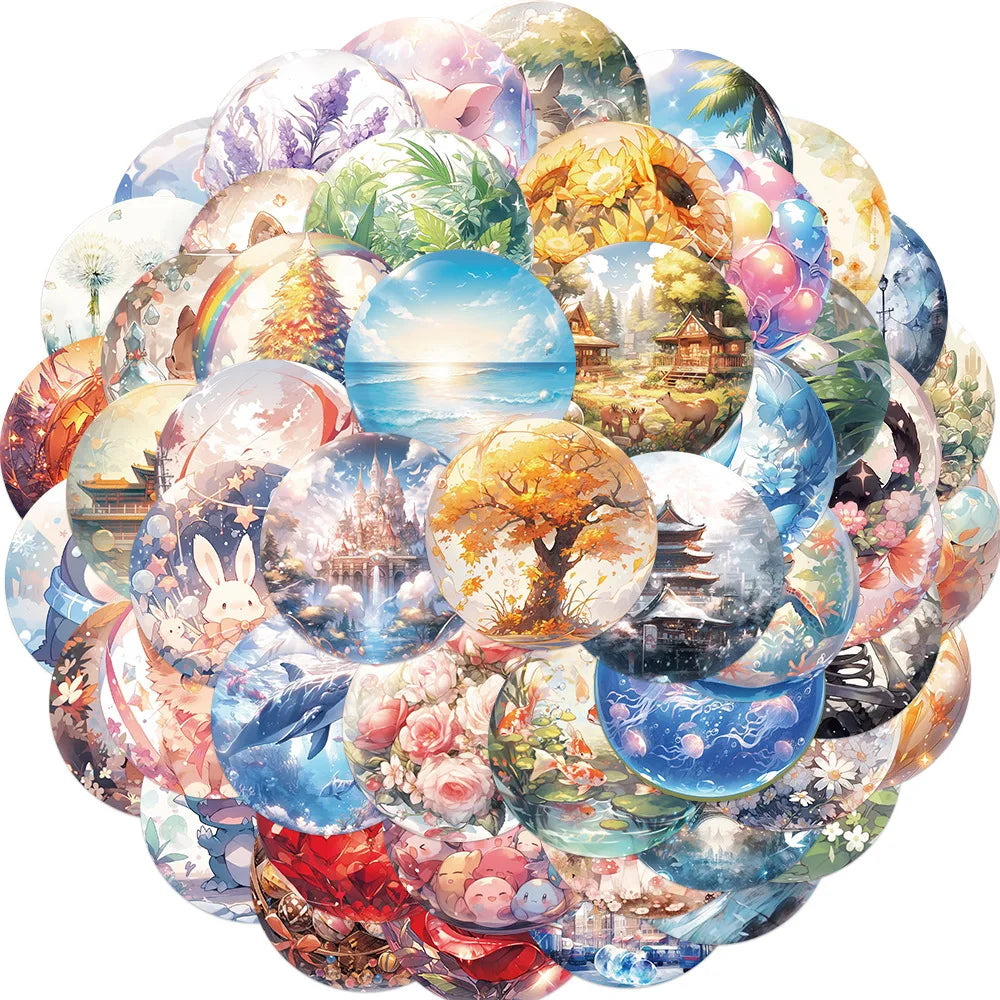 🌸✨ 50-pack Drömska Rundade Motiv – Vattentåliga Vinylklistermärken med Magiska Landskap & Djur ✨🌸