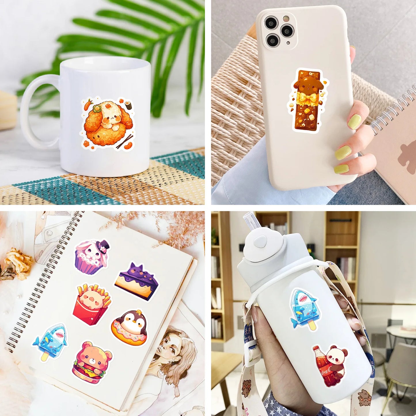 🍰🐻 50-pack Supergulliga Kawaii Mat & Djur Klistermärken – Vattentåliga Vinylstickers 🐰🍩