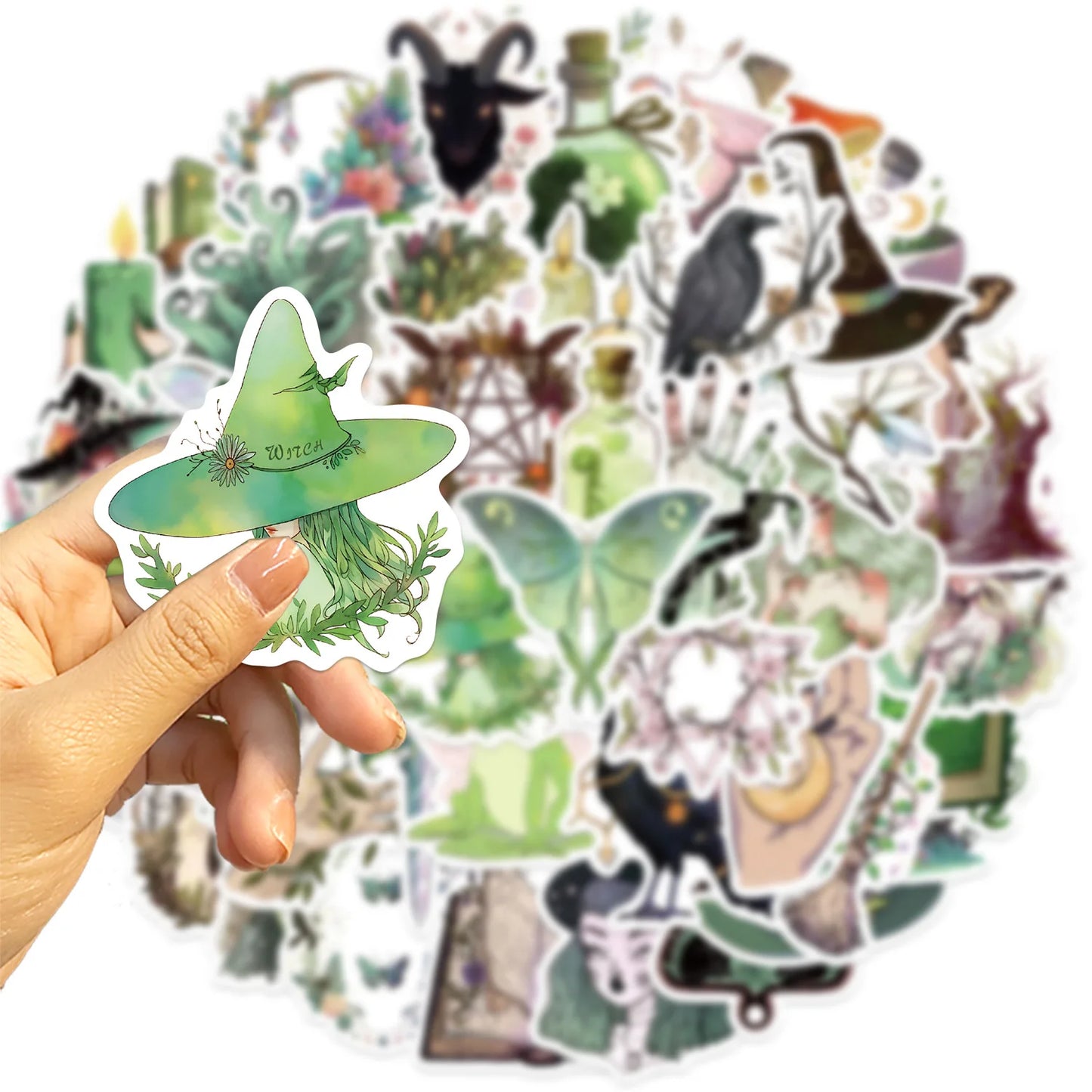 🍄🌿 50-pack Green Witch & Skogsmagi – Drömska Klistermärken i Vattentålig Vinyl