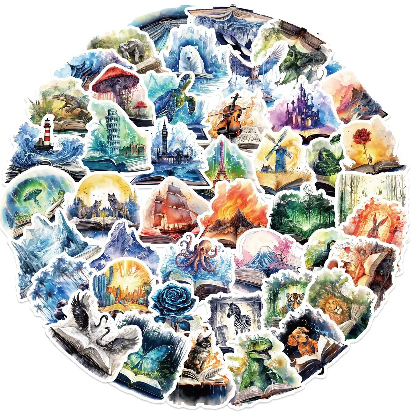 📖✨ 50-pack Magiska Bokvärldar – Vattentåliga Vinylklistermärken med Fantasi & Natur ✨🌿