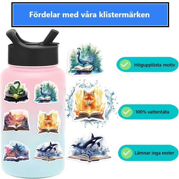 📖✨ 50-pack Magiska Bokvärldar – Vattentåliga Vinylklistermärken med Fantasi & Natur ✨🌿