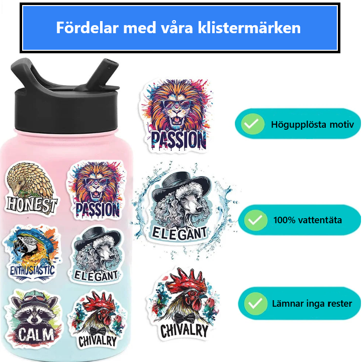 🕶️🐯 50-pack Coola Djur med Attityd – Street Art Stickers i Vinyl Grafitti style