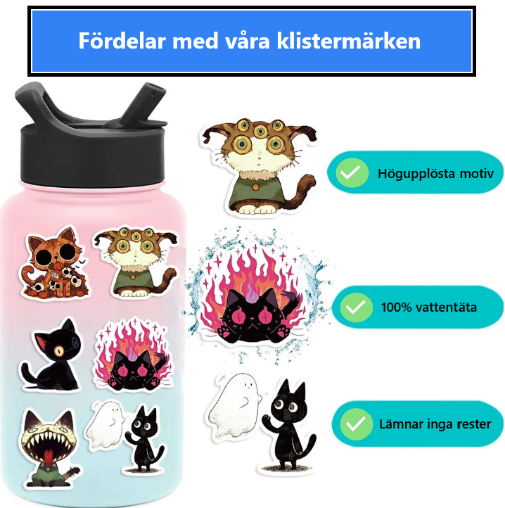 😼🎃 50-pack Spooky Cats – Creepy-Cute Kattklistermärken i Vattentålig Vinyl