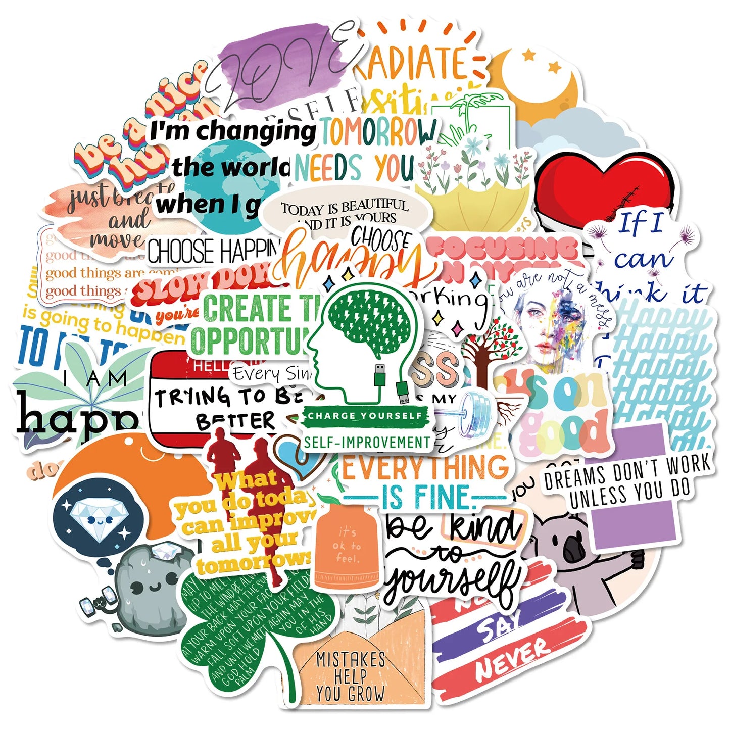 🌈🧠 50-pack Mindset Magic – Motiverande Quote-Stickers i vattentålig vinyl