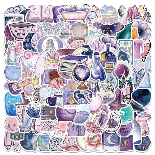 🌙🔮 100-pack Pastellmagi – Kristaller, Månar & Potioner i Vattentålig Vinyl