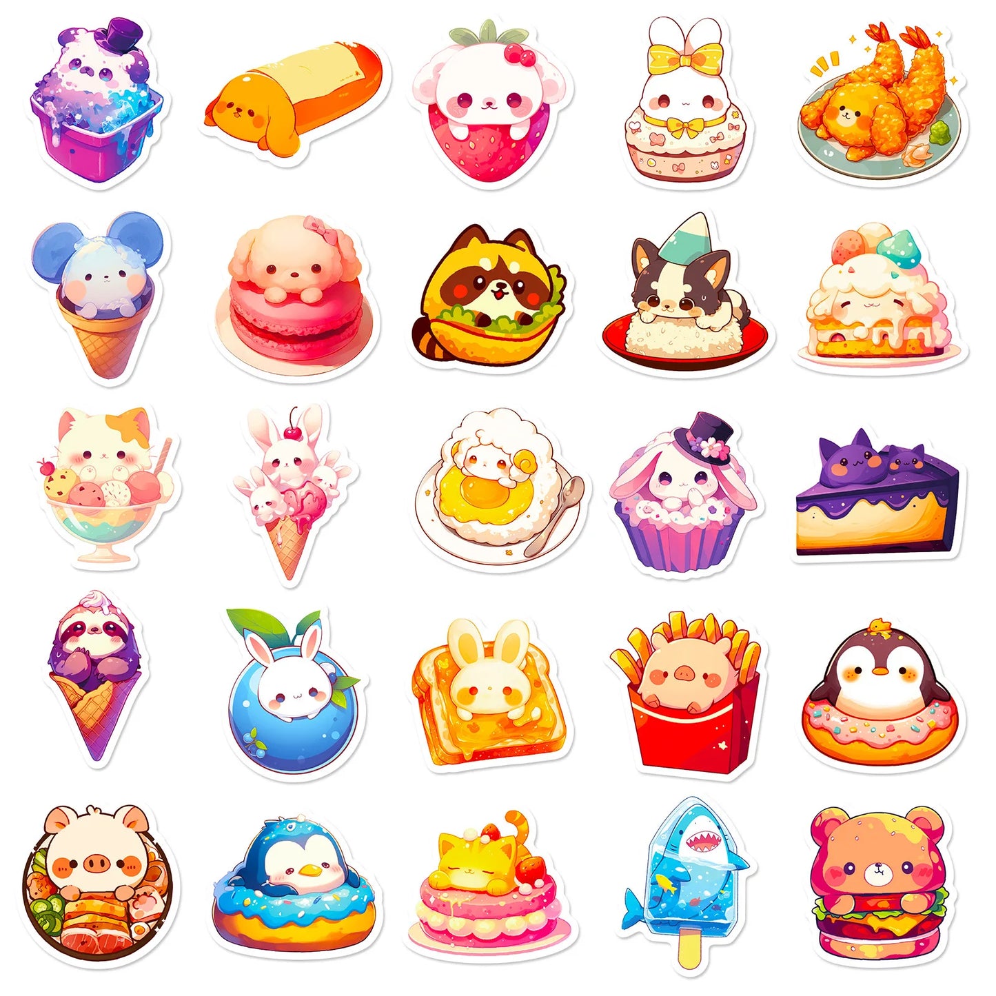 🍰🐻 50-pack Supergulliga Kawaii Mat & Djur Klistermärken – Vattentåliga Vinylstickers 🐰🍩