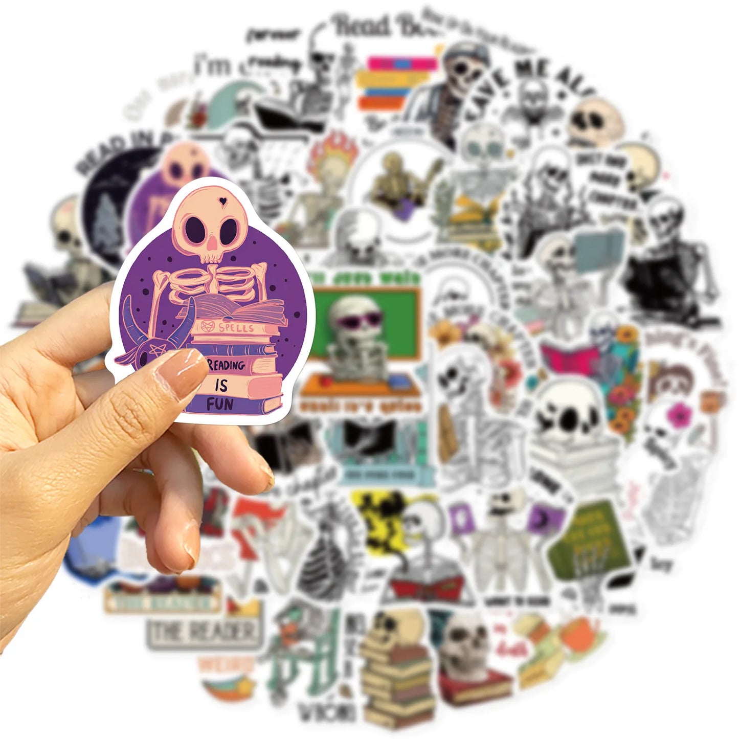 💀📚 50-pack Läskigt Roliga Skelett & Bokälskarstickers – Vattentåliga Vinylklistermärken 📚💀