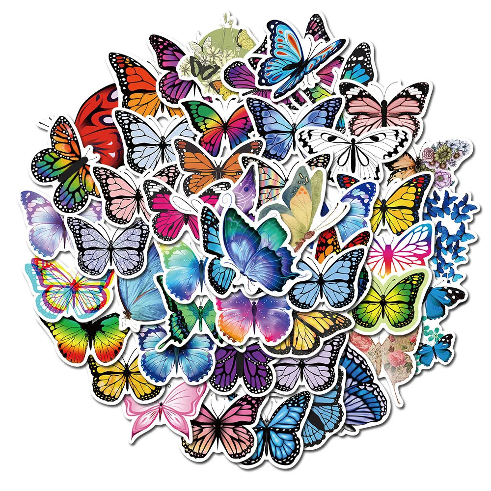 🦋✨ 50-pack Färgstarka Fjärilsklistermärken – Vattentåliga Vinylstickers med Magiska Vingslag 🦋🌈