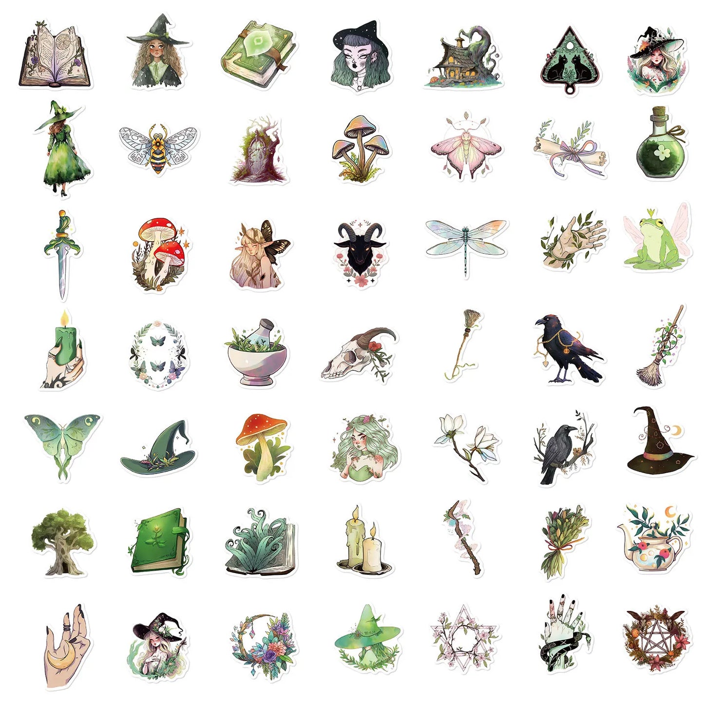 🍄🌿 50-pack Green Witch & Skogsmagi – Drömska Klistermärken i Vattentålig Vinyl