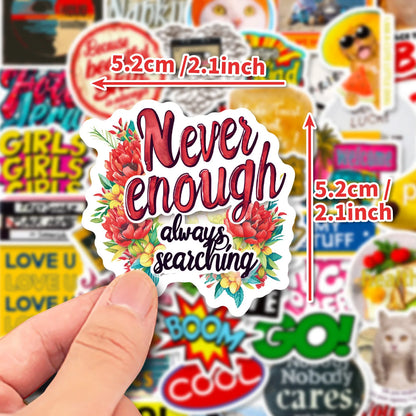 🎉 50-pack Retro Pop & Good Vibes – Vattentåliga Quote-Stickers i Vinyl