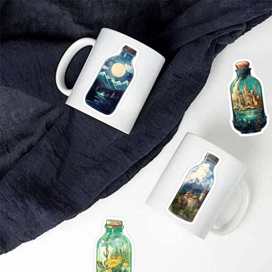 🫙✨ 50-pack Världar i Flaskor – Magiska Klistermärken i Vattentålig Vinyl