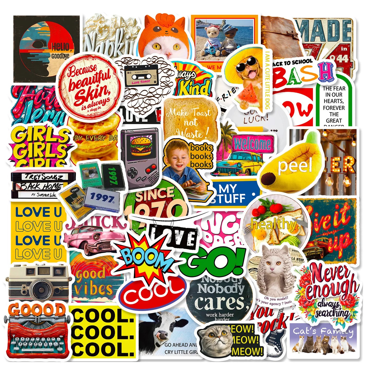 🎉 50-pack Retro Pop & Good Vibes – Vattentåliga Quote-Stickers i Vinyl