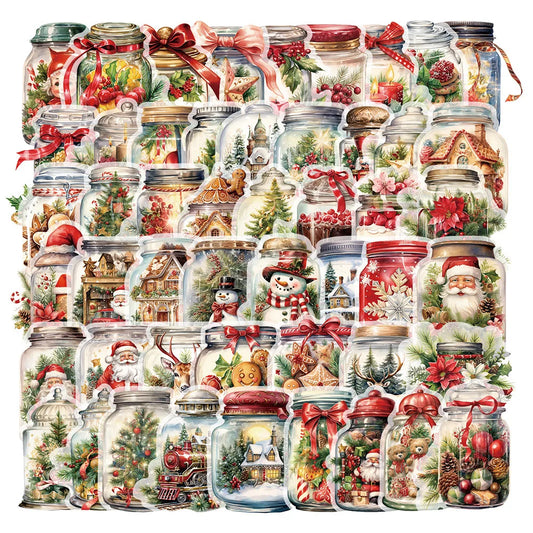 🎄✨ 50-pack Julburkar Klistermärken – Magiska Vintermotiv i Glasburkar
