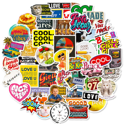 🎉 50-pack Retro Pop & Good Vibes – Vattentåliga Quote-Stickers i Vinyl