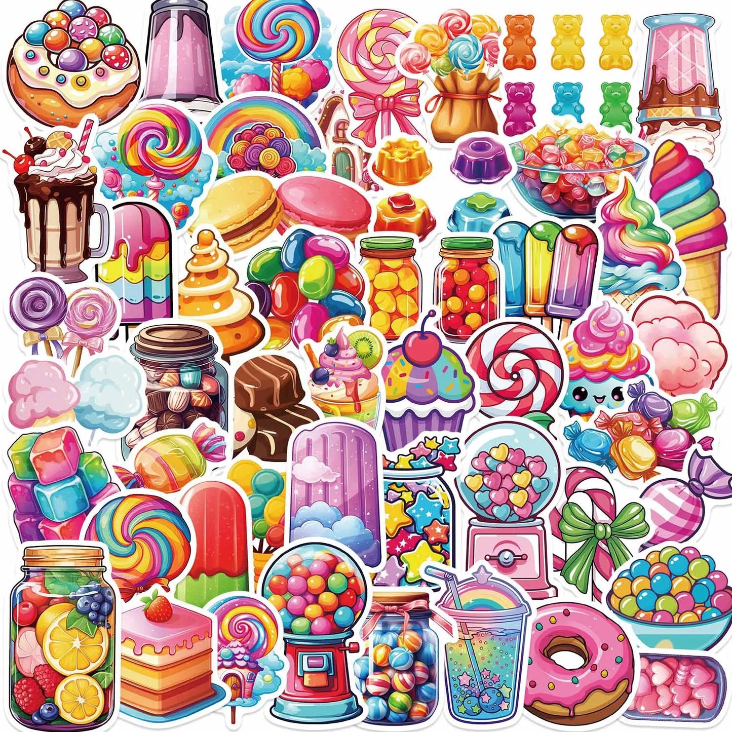 🍭🍬 50-pack Sötsaksklistermärken – Vattentåliga Vinylstickers med Godis & Glass 🎉🍩