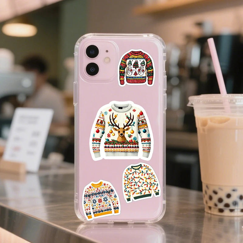 🧶🎅 50-pack Jultröje-klistermärken – Festliga Ugly Sweaters i Retrostil