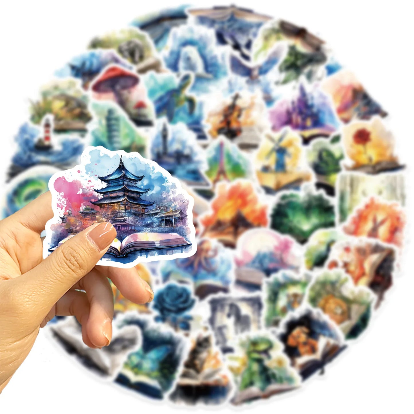 📖✨ 50-pack Magiska Bokvärldar – Vattentåliga Vinylklistermärken med Fantasi & Natur ✨🌿