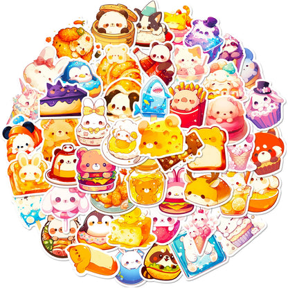 🍰🐻 50-pack Supergulliga Kawaii Mat & Djur Klistermärken – Vattentåliga Vinylstickers 🐰🍩