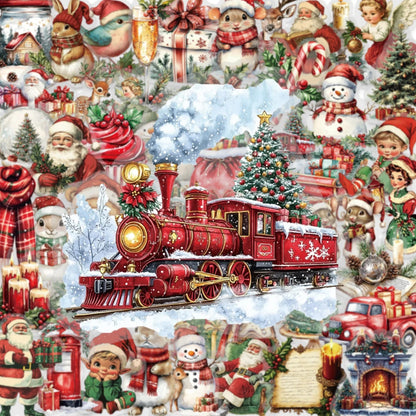 🎅✨ 50-pack Julklistermärken – Retro Vintermagi med Tomtar, Djur & Paket