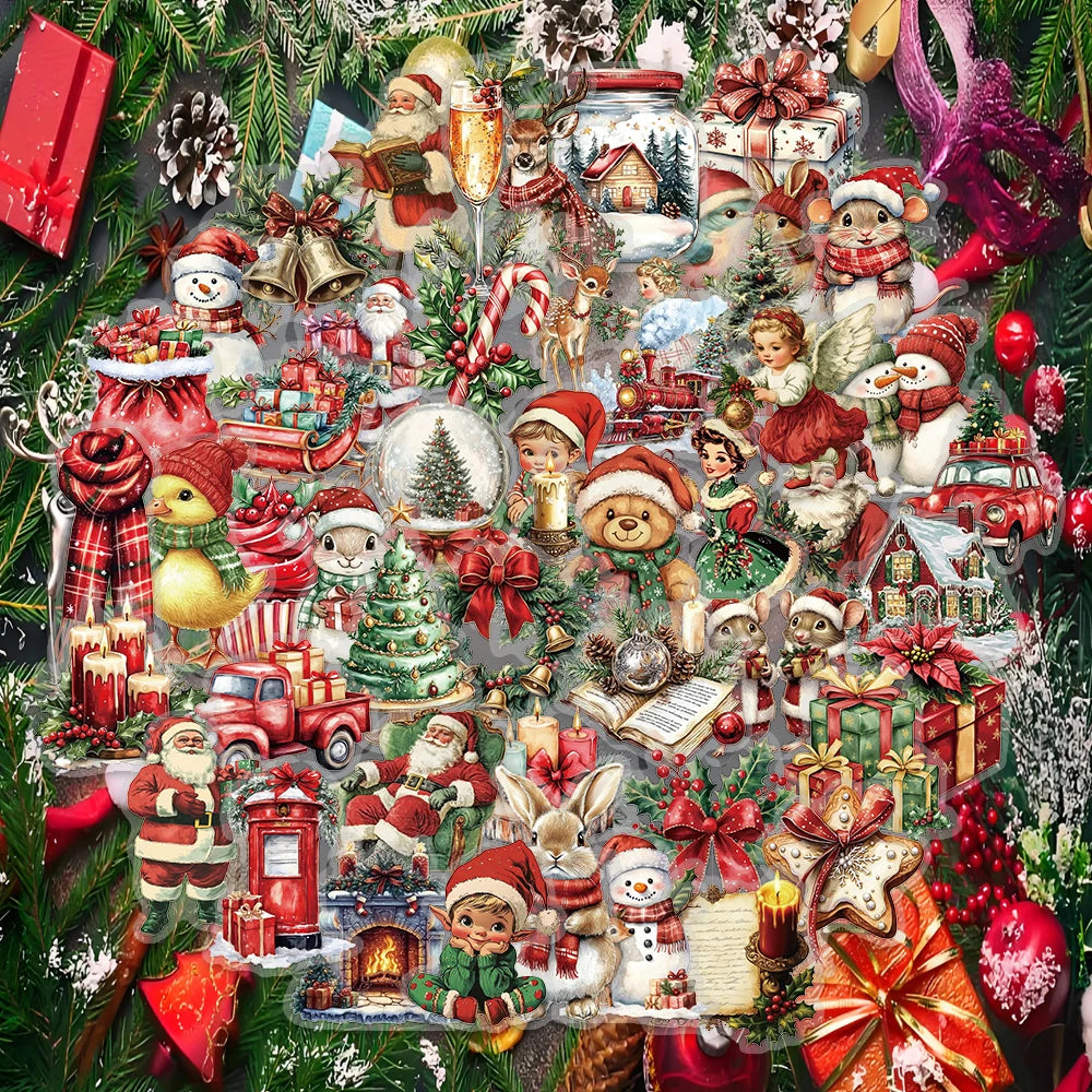 🎅✨ 50-pack Julklistermärken – Retro Vintermagi med Tomtar, Djur & Paket