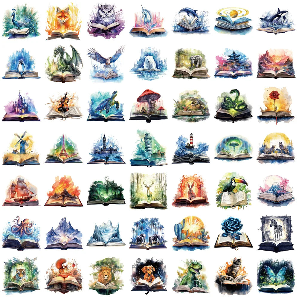📖✨ 50-pack Magiska Bokvärldar – Vattentåliga Vinylklistermärken med Fantasi & Natur ✨🌿