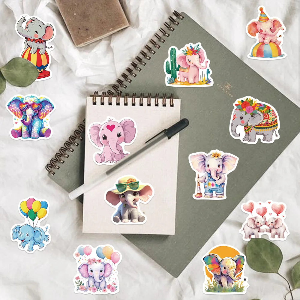 🐘🌈 50-pack Elefantparad – Snabelsöta Klistermärken i Vattentålig Vinyl