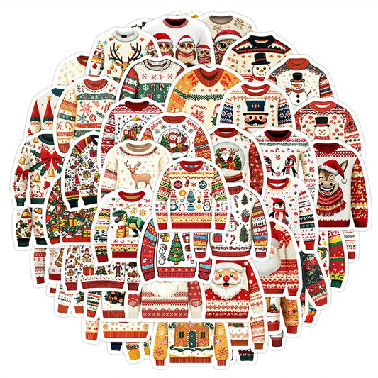 🧶🎅 50-pack Jultröje-klistermärken – Festliga Ugly Sweaters i Retrostil