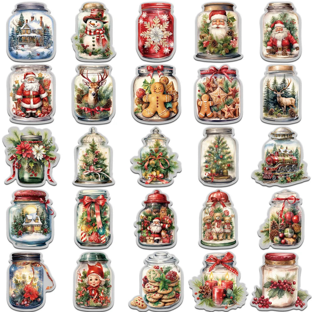 🎄✨ 50-pack Julburkar Klistermärken – Magiska Vintermotiv i Glasburkar