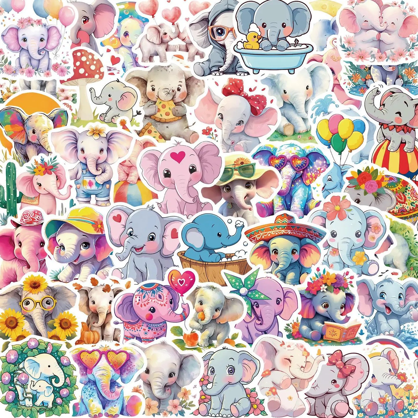 🐘🌈 50-pack Elefantparad – Snabelsöta Klistermärken i Vattentålig Vinyl