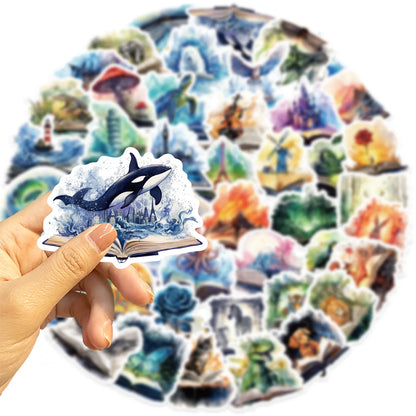 📖✨ 50-pack Magiska Bokvärldar – Vattentåliga Vinylklistermärken med Fantasi & Natur ✨🌿