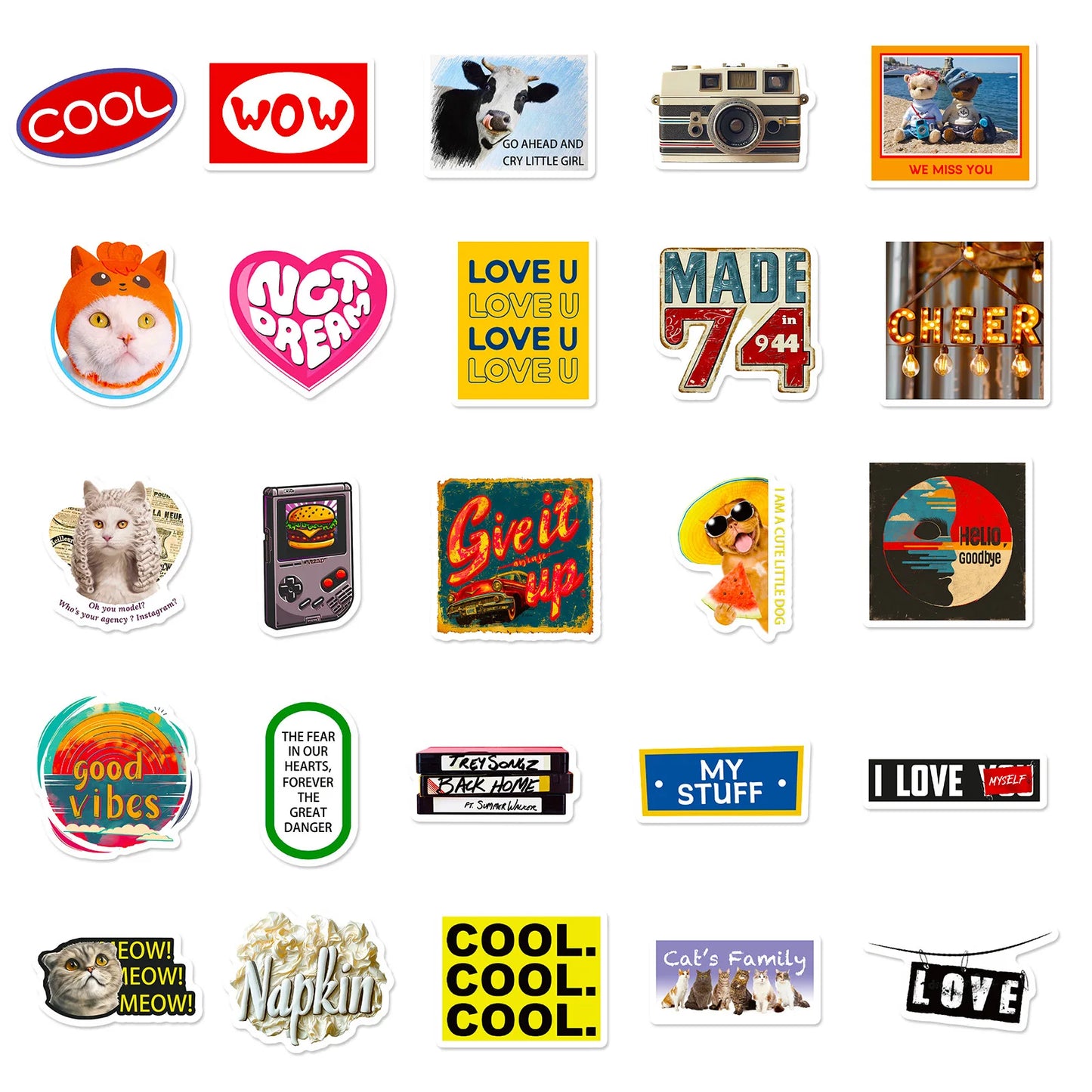 🎉 50-pack Retro Pop & Good Vibes – Vattentåliga Quote-Stickers i Vinyl