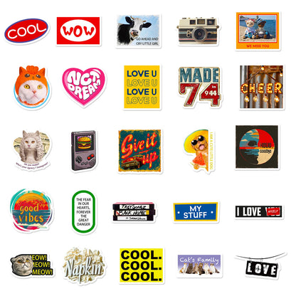 🎉 50-pack Retro Pop & Good Vibes – Vattentåliga Quote-Stickers i Vinyl