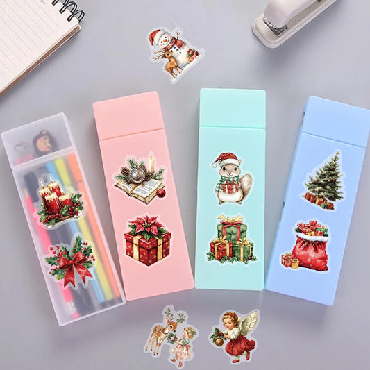 🎅✨ 50-pack Julklistermärken – Retro Vintermagi med Tomtar, Djur & Paket