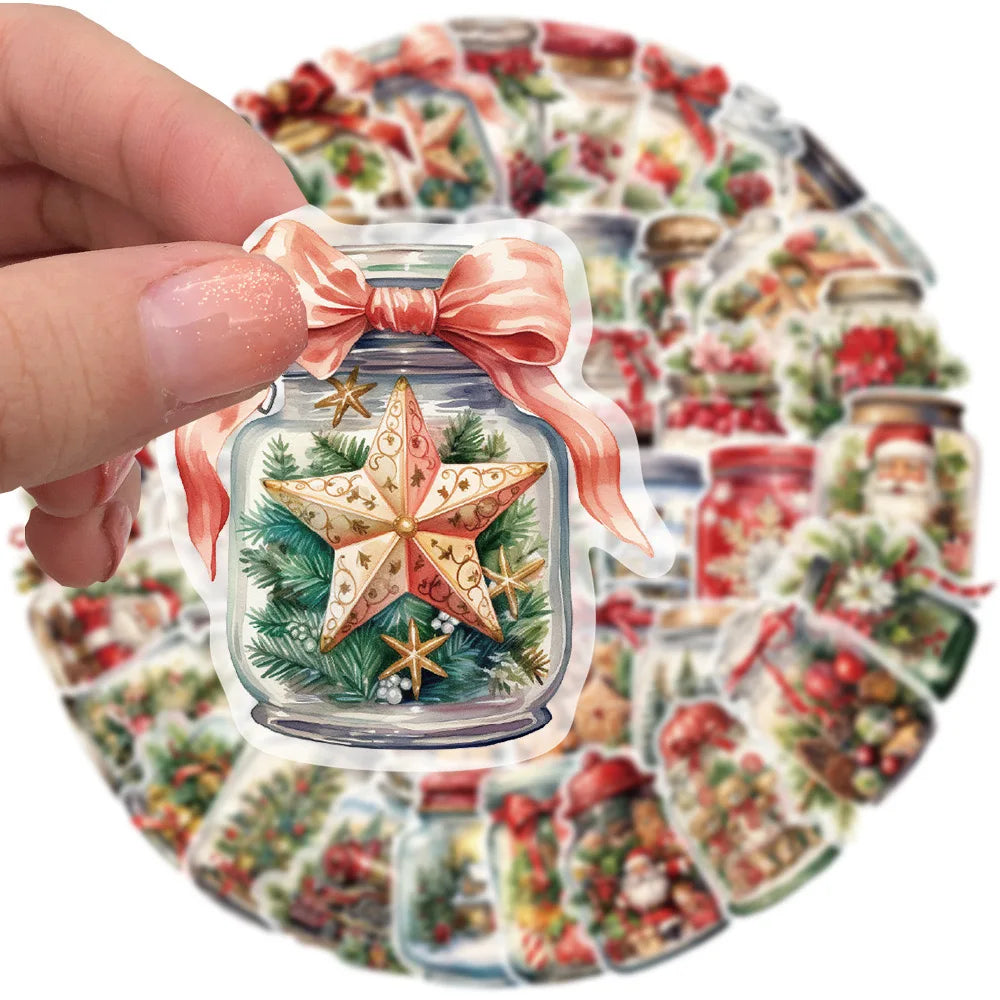 🎄✨ 50-pack Julburkar Klistermärken – Magiska Vintermotiv i Glasburkar