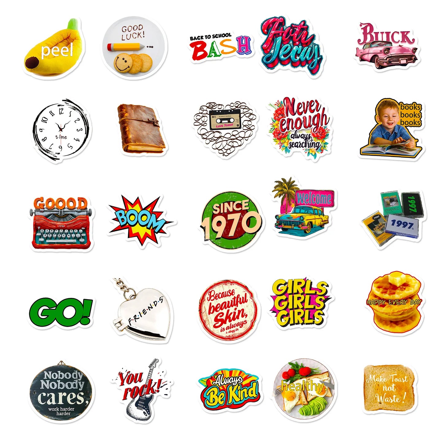 🎉 50-pack Retro Pop & Good Vibes – Vattentåliga Quote-Stickers i Vinyl