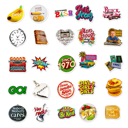 🎉 50-pack Retro Pop & Good Vibes – Vattentåliga Quote-Stickers i Vinyl