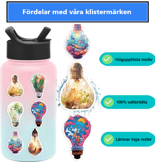 ✨ 50-pack Magiska Glödlampor – Vattentåliga Vinylklistermärken med Fantasifulla Motiv ✨