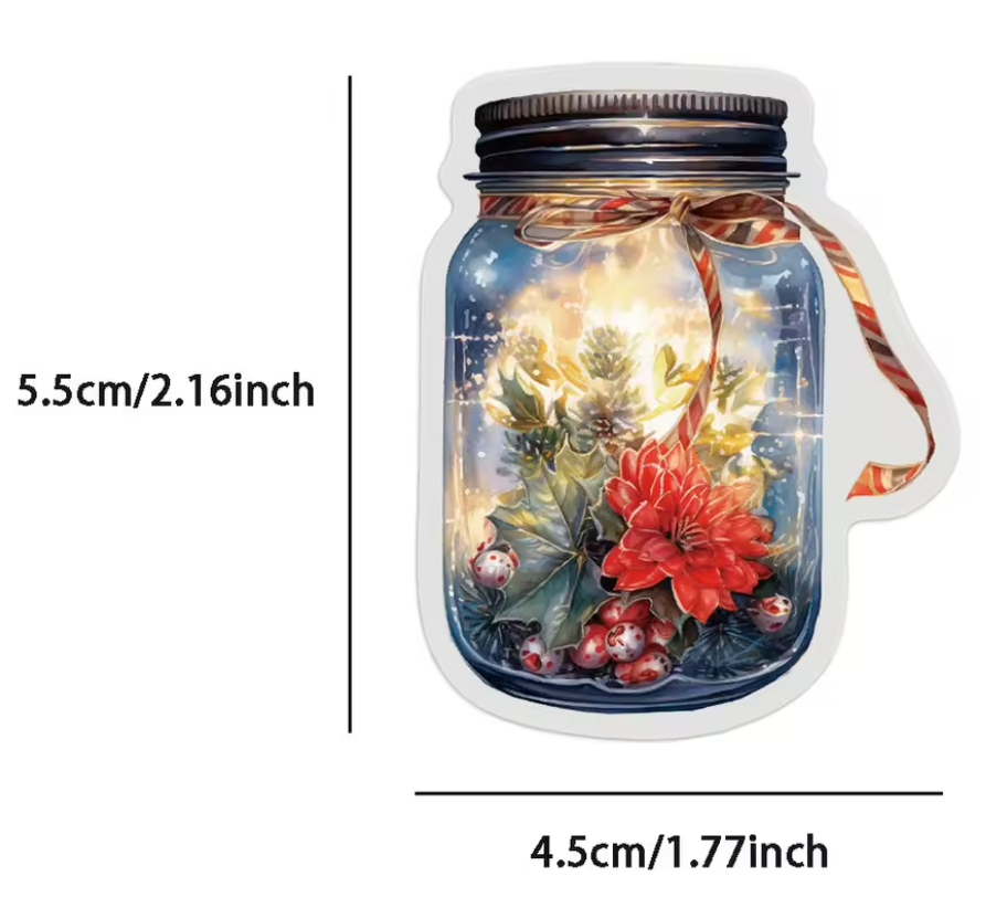 🎄✨ 50-pack Julburkar Klistermärken – Magiska Vintermotiv i Glasburkar